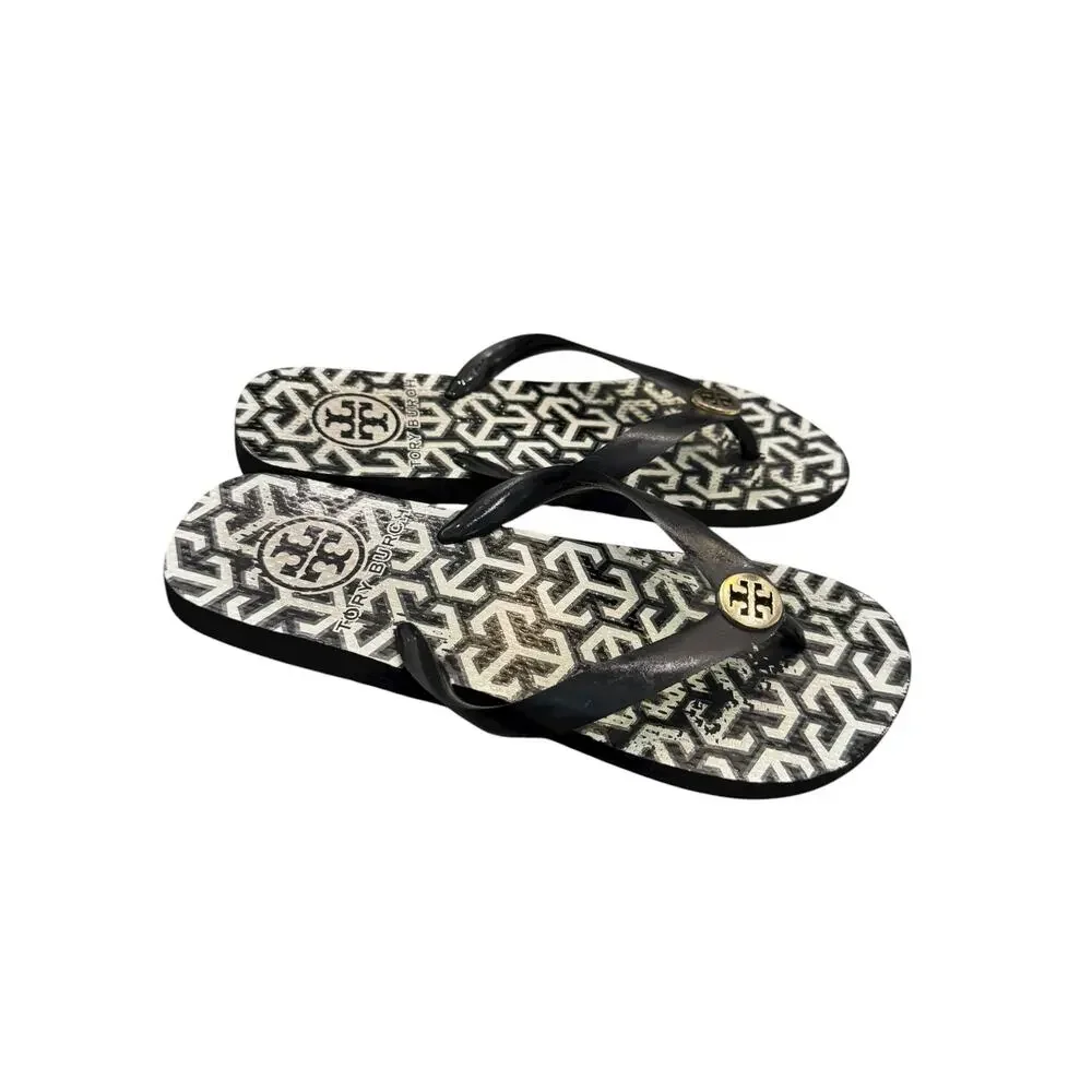 Tory Burch Chelsea Geometric Thin Flip Flop Sandals Black White Sz 7